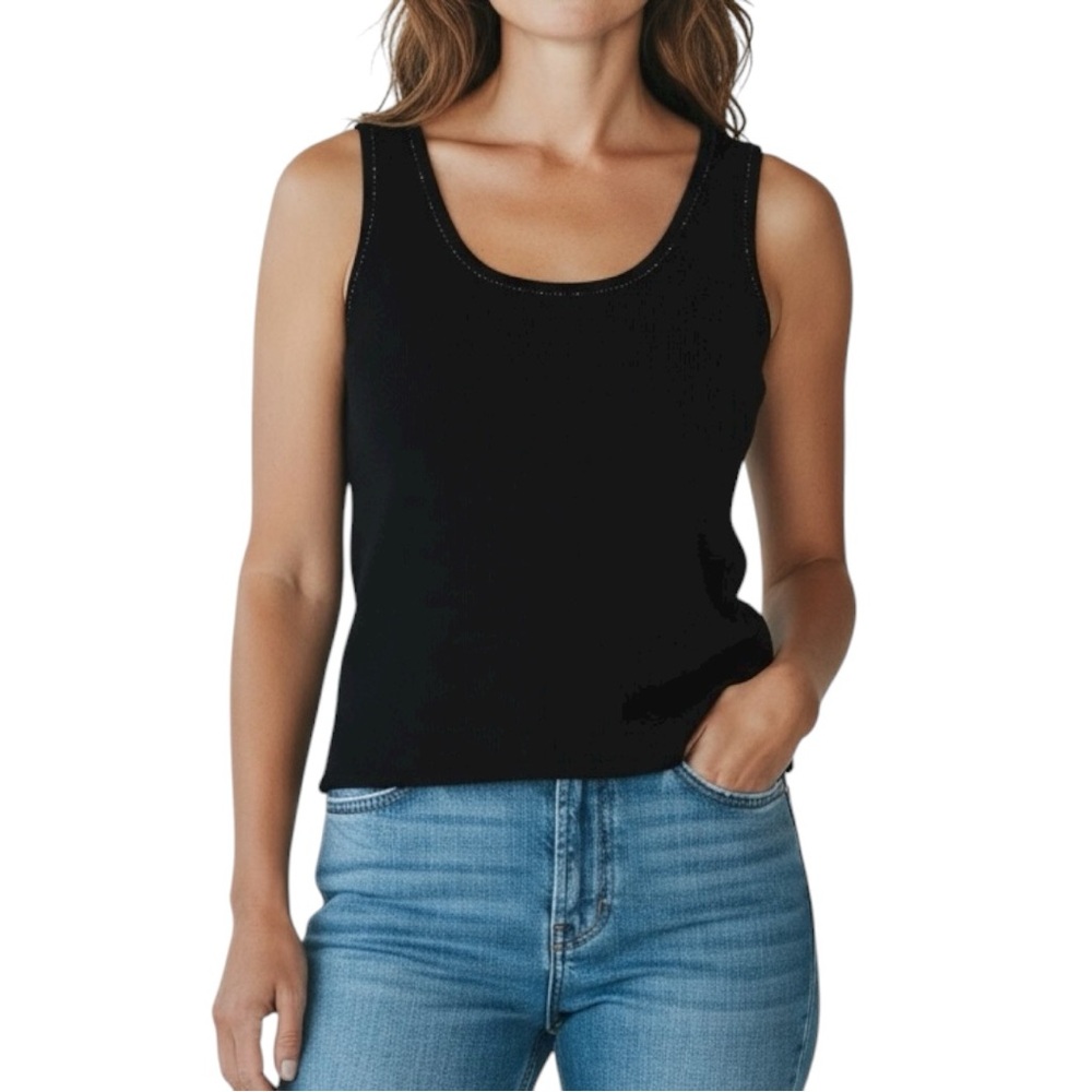 Adrianna Papell Wool Acrylic Vintage Black Sweater Tank Top Beaded Scoop Neck L